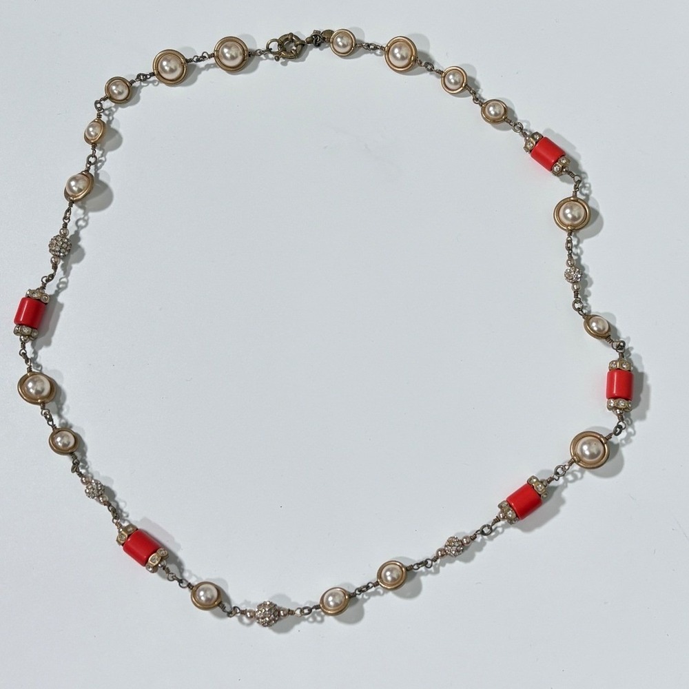 J‎ Crew Faux Pearl Coral Rhinestone Beaded Station Necklace Gold Tone